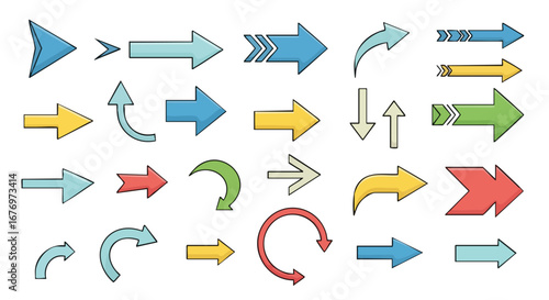 Diverse vector arrow collection indicating directionality and flow for design applications and user interfaces with variety styles and shapes