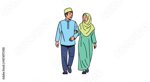 Couple strolling in traditional Islamic attire showcasing marital bliss and cultural harmony with artistic linework and soothing pastel palette