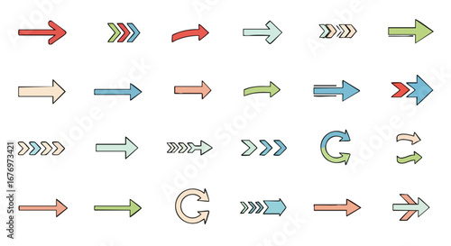 Assorted arrow shapes and configurations, representing forward movement, progression, navigation and directional symbols depicted in a hand-drawn