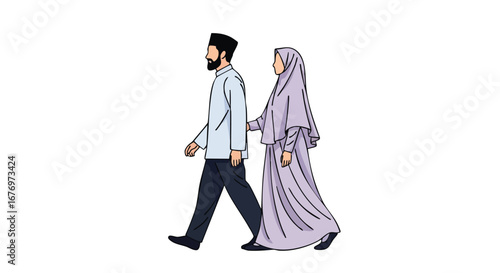 Illustration depicting a Muslim couple walking together, symbolizing harmony and companionship in faith, against a pristine white backdrop