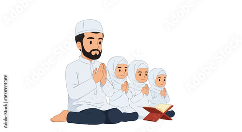 Muslim family prays together symbolizing faith and tradition during Islamic holidays like Ramadan and Eid al-Fitr emphasizing the importance of