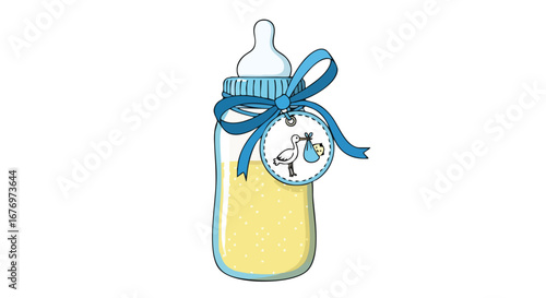 A charming baby bottle illustration symbolizing a new arrival, adorned with a stork and a pastel blue ribbon indicating a boy's arrival