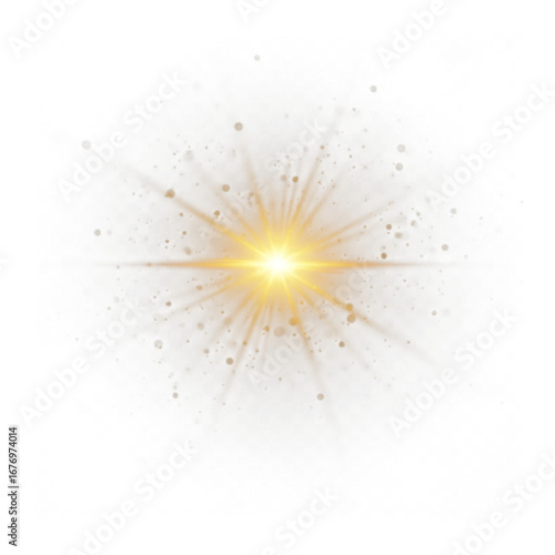 Bright golden starburst light effect isolated on transparent background