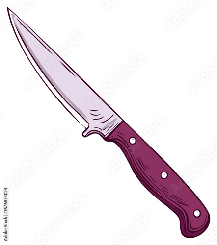 Hunting knife illustration with plum handle and silver blade, cooking utensil drawing for food preparation and cutting artwork design