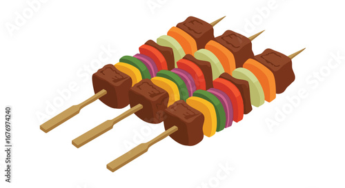 Three colorful kebabs or skewers arranged in an eye catching isolated composition to display culinary delight and gastronomic variety