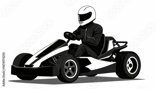Go-kart racer illustration Vector of a driver in a helmet, monochrome style, front-left view