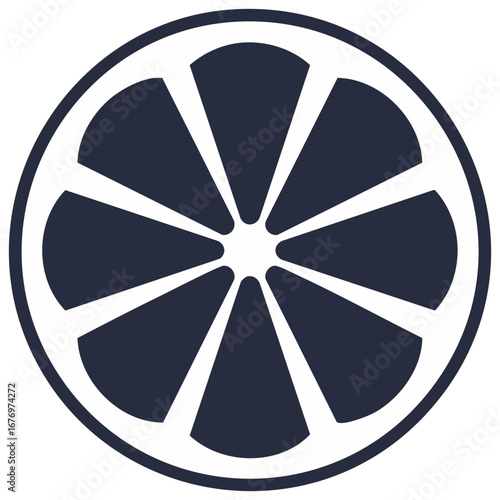 Simple graphic icon of a generic citrus fruit slice with segments in dark blue and white minimal design