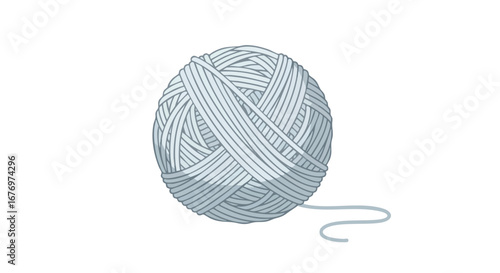 Illustration of neatly wound light blue yarn ball with a small tail on white backdrop depicts craft or textile supply for artistic projects