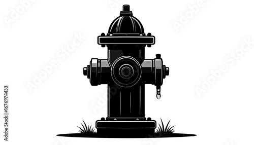 Fire Hydrant Silhouette Vector Illustration of a Black Fire Hydrant with Grass Accents on White Background