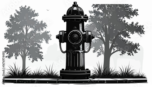 Fire Hydrant Silhouette in Urban Setting A Monochrome Vector Illustration for Design