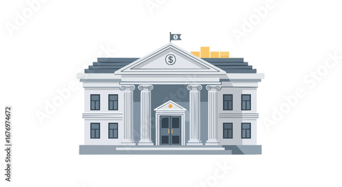 Stylized illustration of a classical bank building with stacked gold bars, representing finance and security offering trust and wealth growth