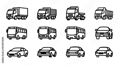 Set of Black and White Transportation Icons Trucks, Buses, and Cars for Various Applications