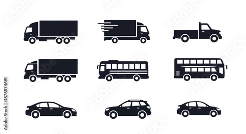 Collection of Transport Icons Various Vehicles in Minimalist Black and White Styles