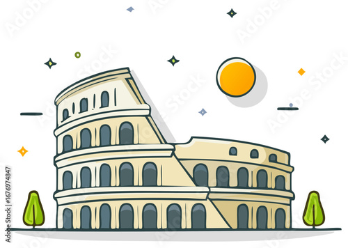 Italian landmark Coliseum cartoon illustration with trees and sun graphic