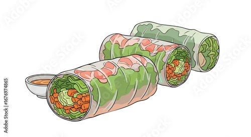 Illustrative depiction showcasing fresh spring rolls alongside a delectable dipping sauce against a stark white canvas, emphasizing their vibrant