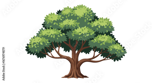 Lush Green Tree with Broad Canopy Isolated on White, Cartoon Style Detailed Illustration for Ecological Designs,  Nature and Forest Visuals