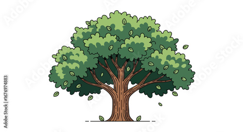 Stylized vector tree with falling leaves on a clean white background, suitable for ecological or educational illustrations portraying seasonal