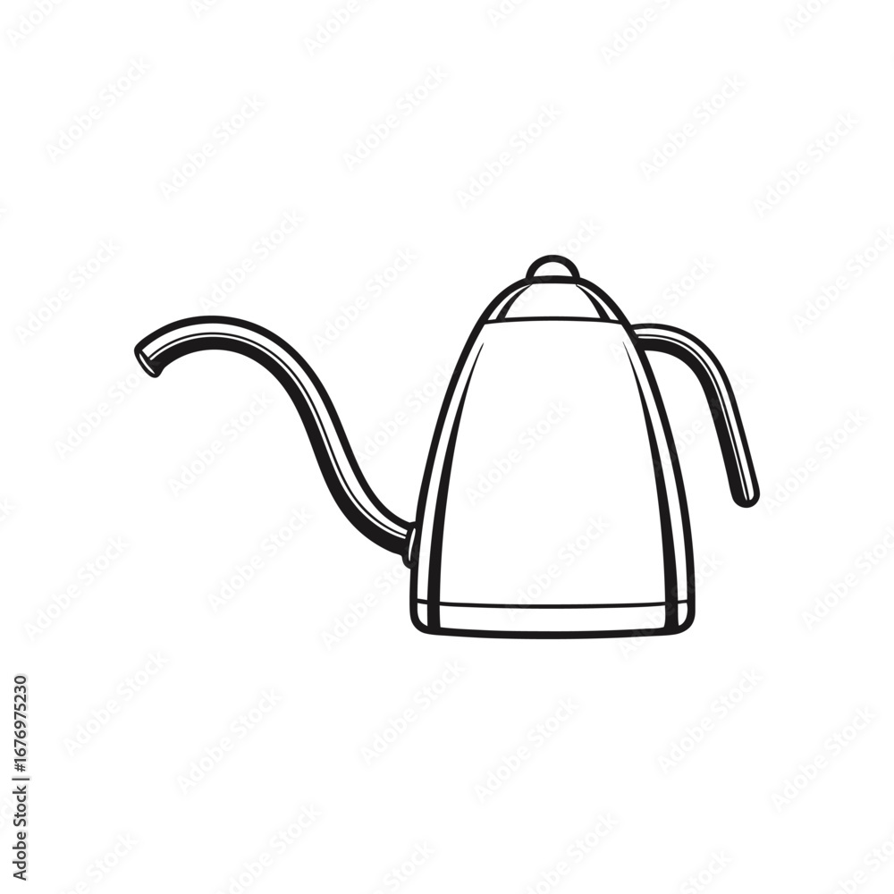 Obraz premium Gooseneck Kettle Sketch: A minimalist black and white sketch of a sleek gooseneck kettle, the perfect tool for pour-over coffee, highlighting the elegance of simple design.