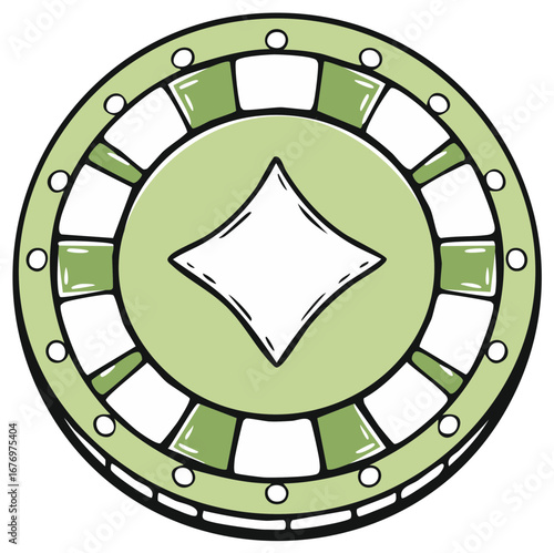 Stylized Green Casino Chip with Diamond Symbol and Decorative Border Elements