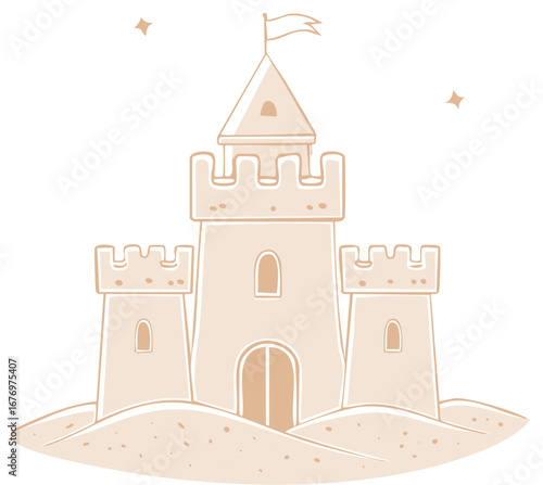 Whimsical Sandcastle Vector Illustration with Towers Flag and Sparkling Stars