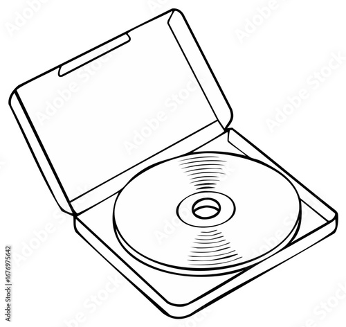 Open Case with Compact Disc Artwork Outlines Minimalist Style Data Storage Media