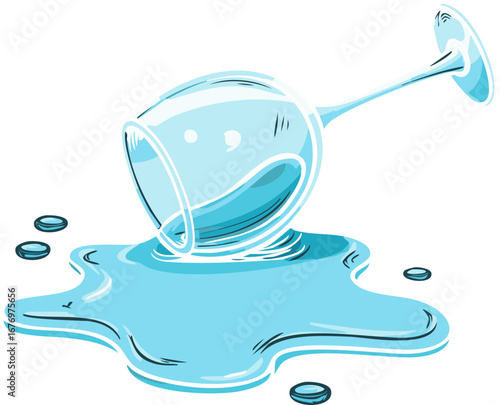 Overturned wineglass with spilled liquid and some contact lenses, creating a scene of disarray or mishap.