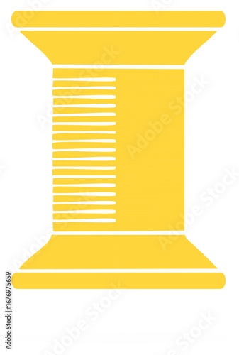 Stylized yellow spool with white horizontal lines representing thread, isolated on white