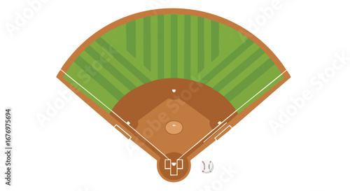 Overhead view of a meticulously illustrated baseball diamond showcasing the infield and outfield, complete with a crisp white baseball at home base