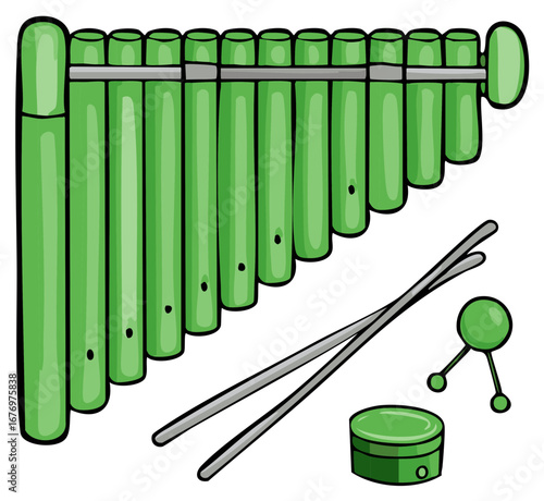 Collection of green cartoon musical instruments with a pan flute and mallets