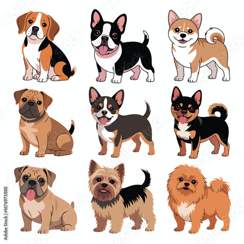 Nine cartoon dogs including pug, chihuahua, yorkshire terrier and more puppy canine