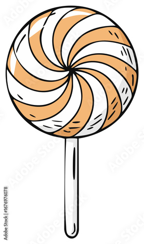 Swirl lollipop candy with orange and white stripes, hard confection on a stick