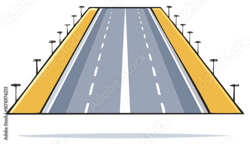Road perspective with streetlights and yellow shoulders leading to the horizon