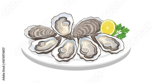 Illustration of fresh oysters served on a plate, accompanied by a slice of lemon and a sprig of parsley creating an appetizing seafood dish