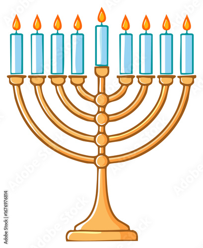 Menorah with Lit Candles Colorful Illustration for Hanukkah Holiday