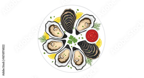 Elegant presentation of fresh oysters with lemon and a vibrant tomato dipping sauce on a clean white plate for culinary arts