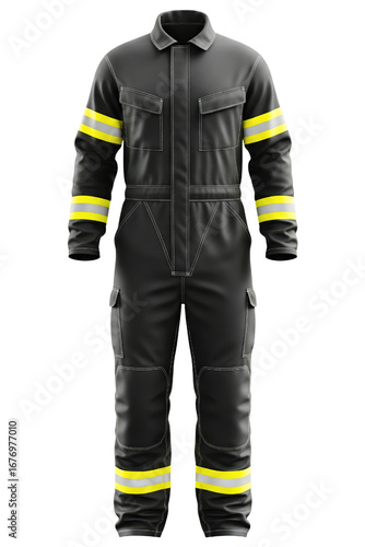 Protective work coverall uniform with reflective safety stripes isolated on a transparent background