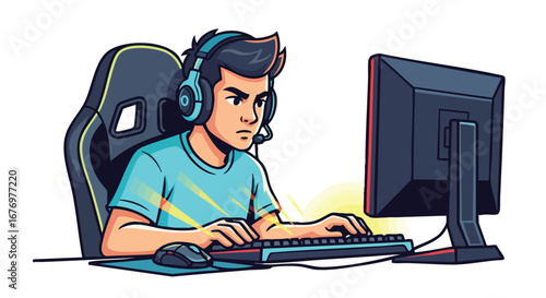 Intense concentration depicted as a young gamer immersed in a virtual world while wearing headphones and seated in a gaming chair