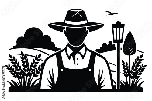 Silhouette Farmer with Overalls and Hat, Wheat Fields, and Vintage Lamp Post Image