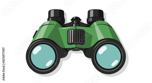 Illustration of green binoculars with blue lenses isolated on white background providing a detailed perspective view for exploration and discovery