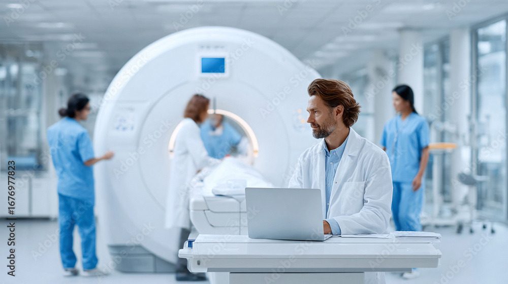 Obraz premium Modern hospital scene with a doctor using a laptop in front of an MRI scanner. Illustrates healthcare, technology, and teamwork. Ideal for medical, science, or business contexts.