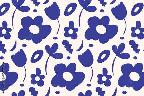 Hand drawn navy blue floral pattern design on creamy white background, elegant botanical seamless vector repeat for fabric, wallpaper, packaging and digital art