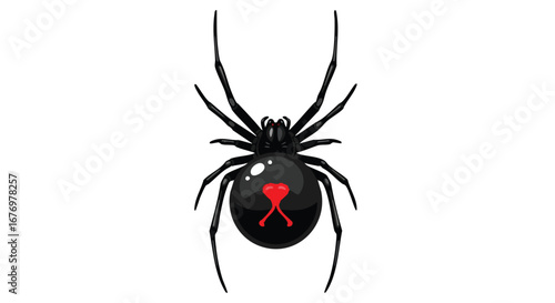 Stylized depiction of a black widow spider with a prominent red hourglass marking on its abdomen, isolated against a white backdrop for graphic use