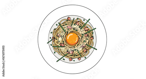 Hand-Drawn Carbonara Illustration Featuring Pasta, Egg Yolk and Bacon on White Plate Representing Culinary