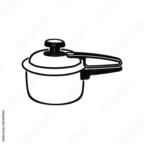 Pressure Cooker Icon: A simple line drawing of a pressure cooker, showcasing its essential features: lid, handle, and pressure release valve. Ideal for culinary websites or recipe apps.