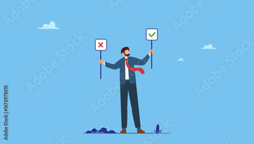 Thoughtful businessman holding right or wrong of left and right hand while making decision. Business decision right or wrong, true or false, correct and incorrect, moral choosing option.