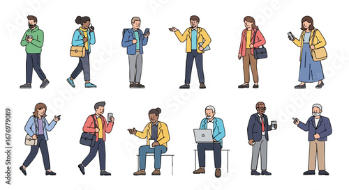 Diverse characters interacting with technology and engaging in daily routines in a stylized flat illustration conveying modern lifestyle