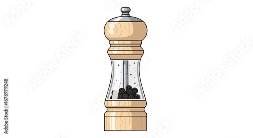 Stylized pepper grinder illustration featuring natural wood and translucent chamber filled with whole peppercorns isolated on a white background
