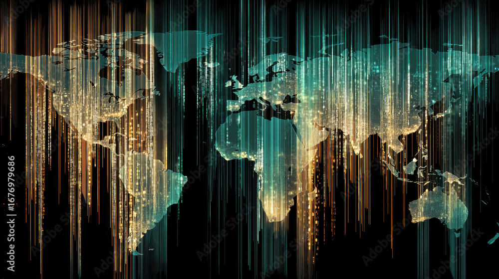 Fototapeta premium Digital world map with glowing lines representing data flow, showcasing global connectivity and technology. vibrant colors create modern and dynamic visual effect