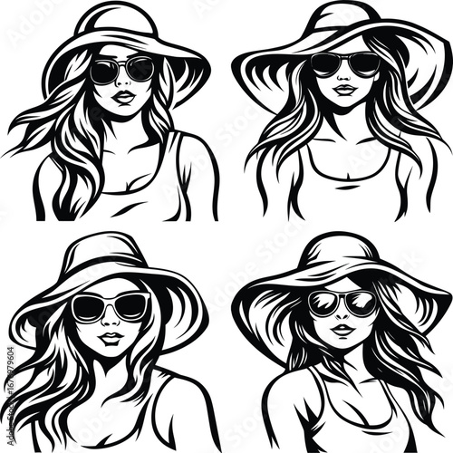 stylish women wearing sun hats and sunglasses in sketchy style