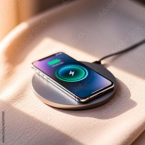 Glowing smartphone wirelessly charging on pad